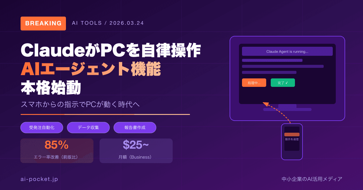 ClaudeがパソコンをAI操作！AIエージェント機能の使い方と活用事例【2026年3月】