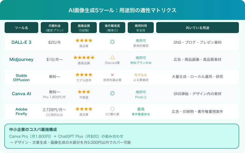 AI画像生成ツール5選 料金・品質・用途の比較マトリクス