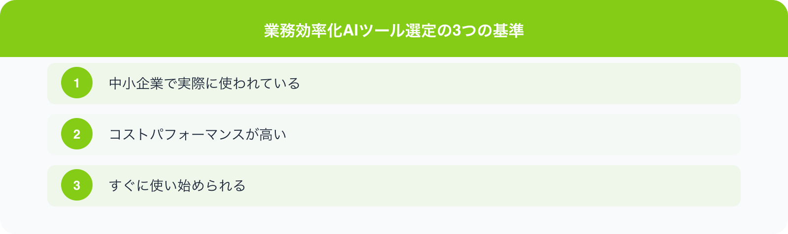 業務効率化AIツール選定の3つの基準 のポイント